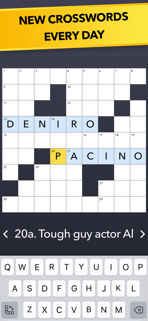Gameplay screen of Crossword Puzzle Universe showing a crossword grid with a movie themed clue for Al Pacino.