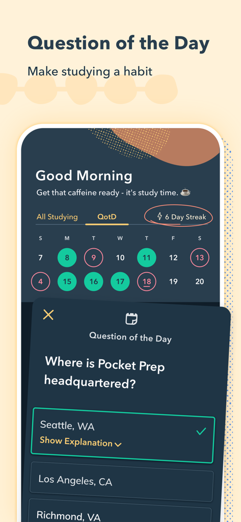 Pocket Prep PMP 2026 - Pocket Prep PMP app interface showing the Question of the Day feature and a six day study streak calendar