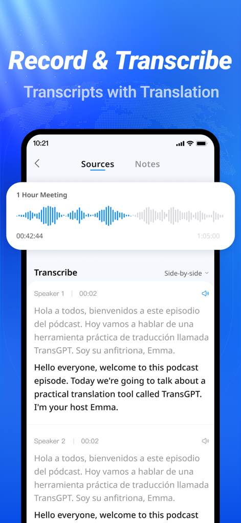 TransGPT - Interface do aplicativo TransGPT mostrando uma gravação de reunião com uma transcrição de tradução bilíngue