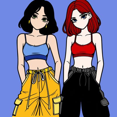 two girls with crop top with baggy pants