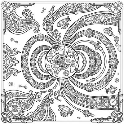 Dive into a fantastical world where science meets Victorian-era machinery with this Steampunk Magnetosphere coloring page. Unleash your creativity on a detailed illustration of Earth's magnetic field reimagined with gears, pipes, and retro-futuristic elements.