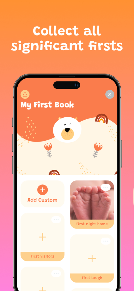Interfaccia dell'app Babio per tenere traccia delle tappe fondamentali del bebè e creare libri di ricordi digitali