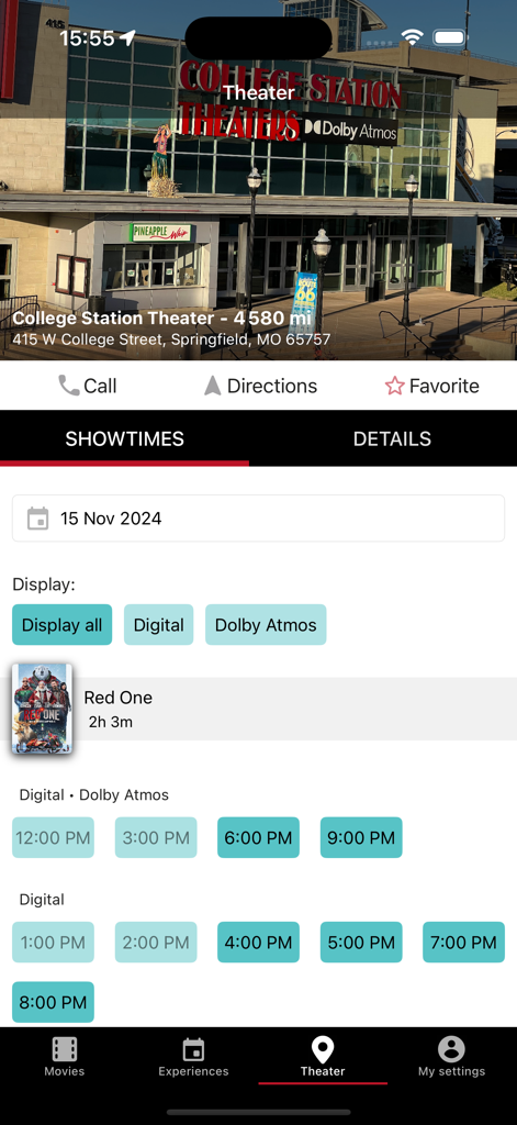 The College Station Theaters app screen showing movie showtimes and theater location details