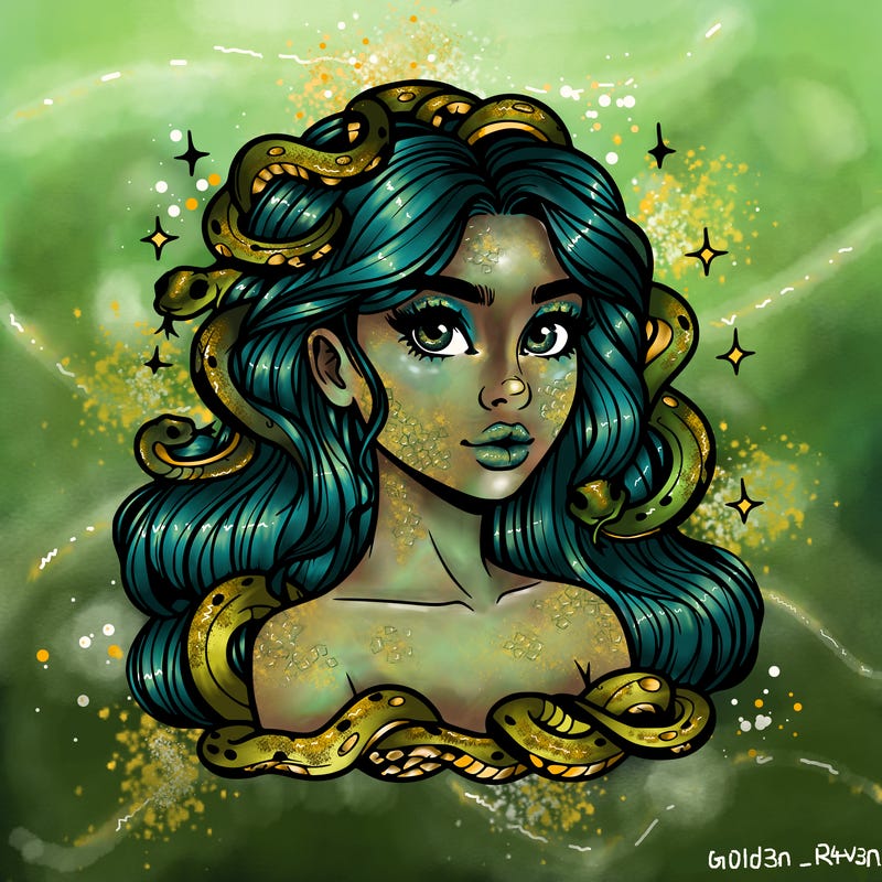 realistic girl with snakes as hair