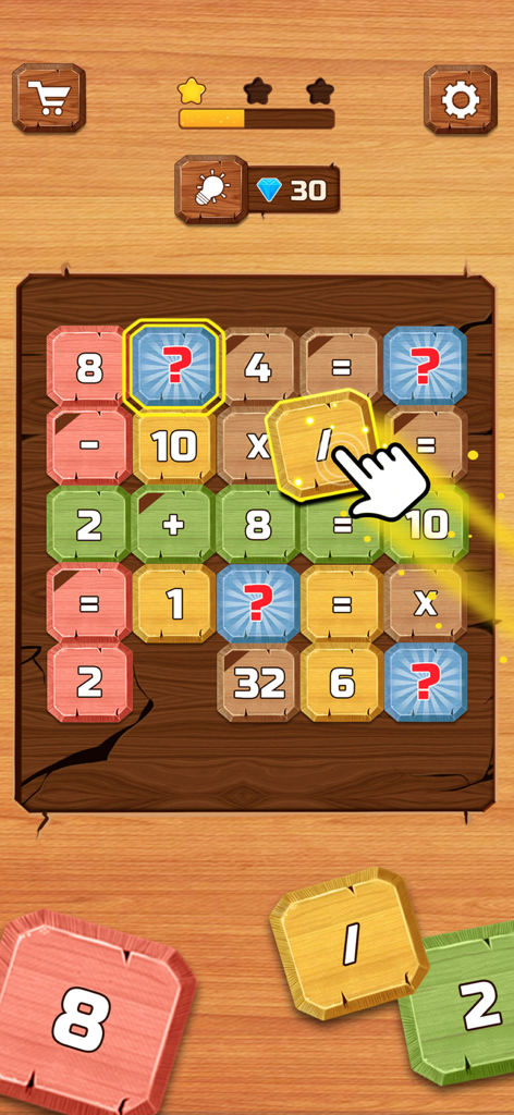 Math Games For Adults - 木製のタイルと除算記号をドラッグして解かれている方程式の数学パズルグリッド