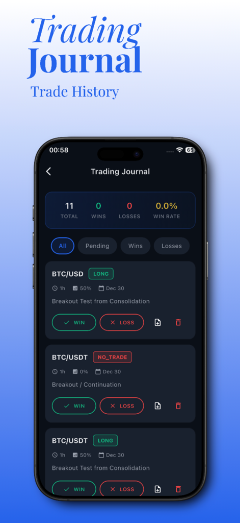 Crypto AI: Trading Analyzer - Pantalla de la aplicación móvil que muestra un diario de operaciones con estadísticas de historial y seguimiento del rendimiento de las operaciones de criptomonedas