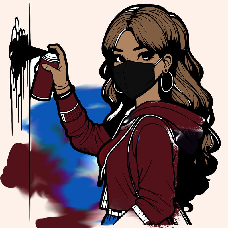 realistic girl with mask spray painting a wall