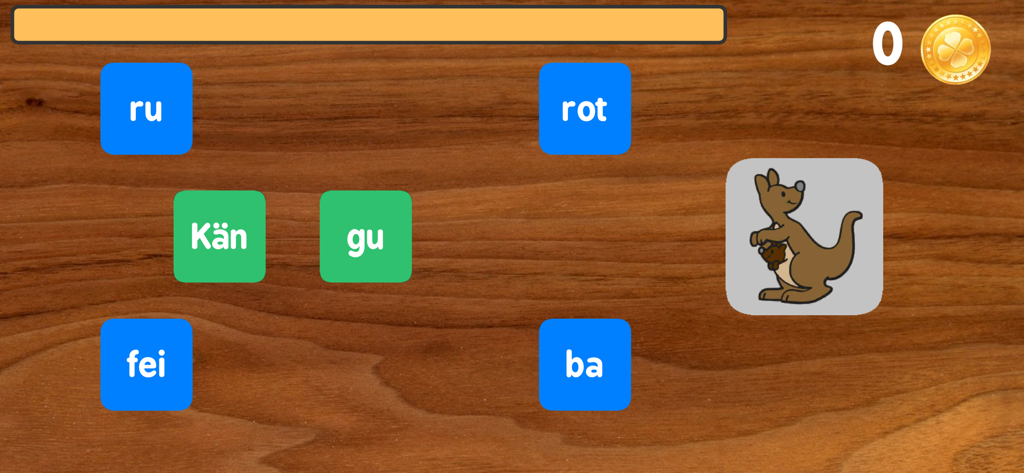 Schreiben mit Silben Pro - Tela do jogo com ilustração de canguru e peças de sílabas alemãs para ortografia