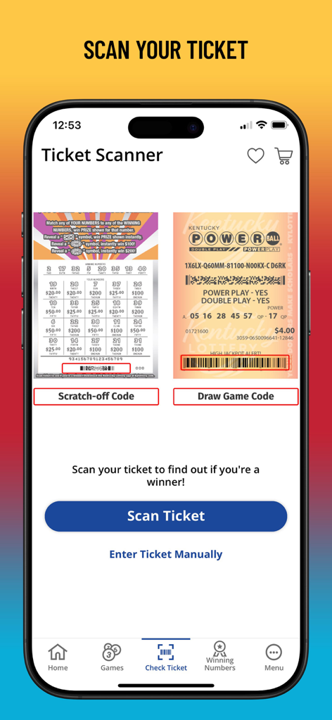 Interface of the Kentucky Lottery Official App showing the ticket scanner feature for scratch-off and draw games