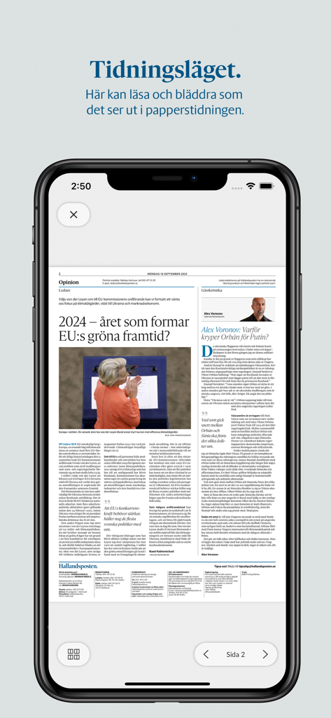 Hallandsposten e-tidning - Vista móvil de la réplica del periódico digital Hallandsposten