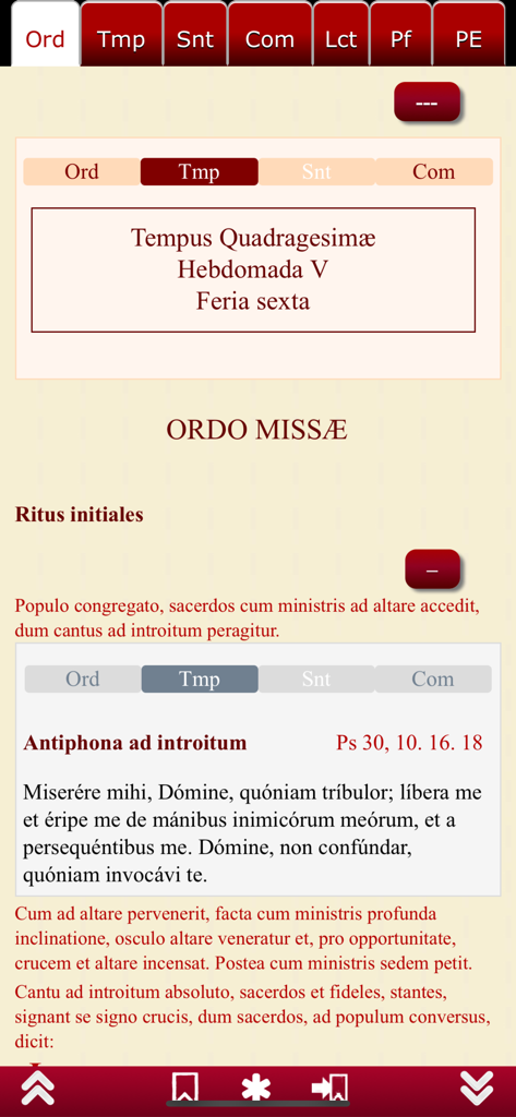 Screenshot of the Missale Romanum app showing the Latin Order of the Mass with navigational ribbons and liturgical text