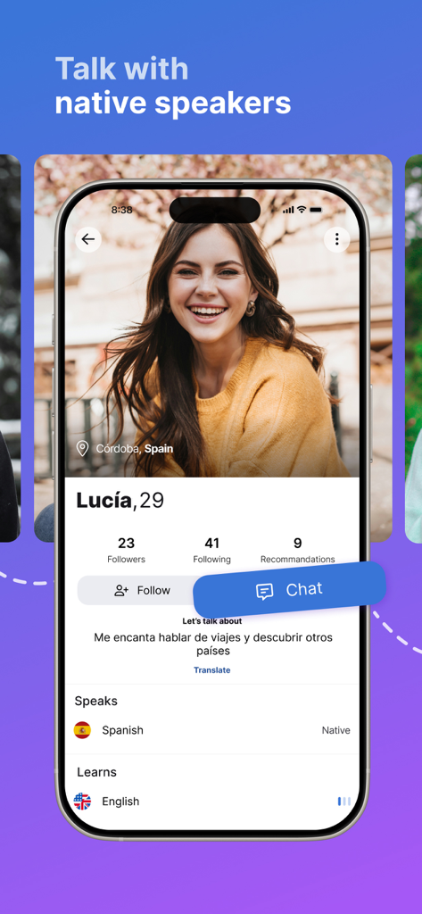 Pantalla de smartphone que muestra un perfil de usuario en la aplicación Speaky con la opción de chatear con un hablante nativo de español.