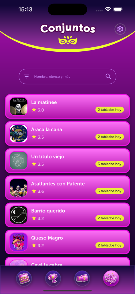 Carnaval App - List of carnival groups in the Carnaval App showing ratings and daily performance counts