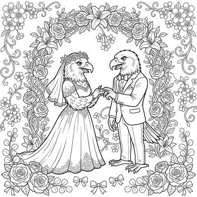 Soar into a world of romance with this exquisite Eagles Wedding coloring page, capturing a moment of profound love and commitment. This unique design blends the majesty of eagles with the joy of a wedding celebration, offering a truly special coloring experience.