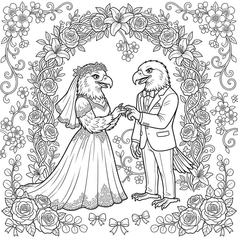 Soar into a world of romance with this exquisite Eagles Wedding coloring page, capturing a moment of profound love and commitment. This unique design blends the majesty of eagles with the joy of a wedding celebration, offering a truly special coloring experience.