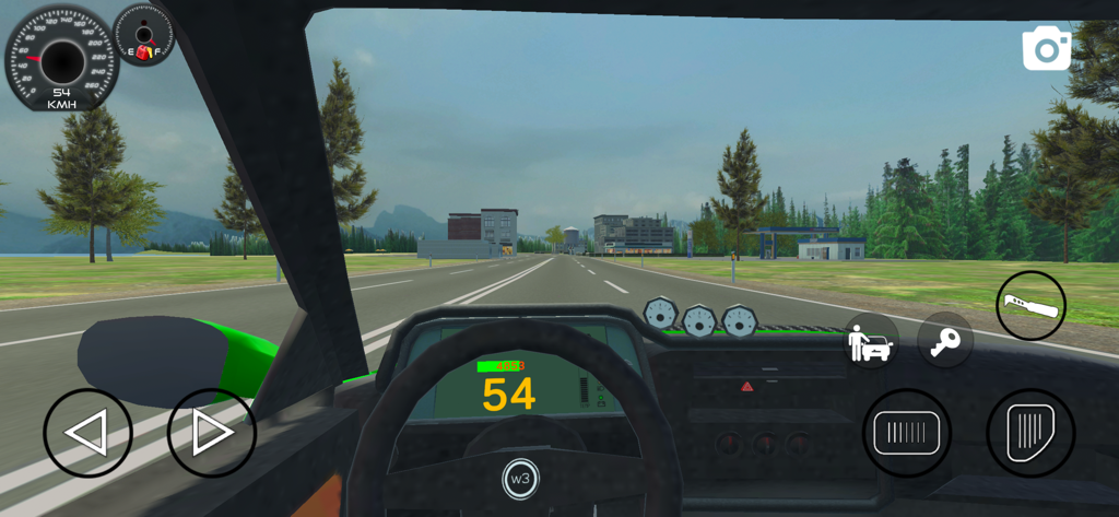 My First Summer Car: Mechanic - Vista de conducción en primera persona desde el salpicadero del coche en una carretera abierta en un juego de simulación de mecánica