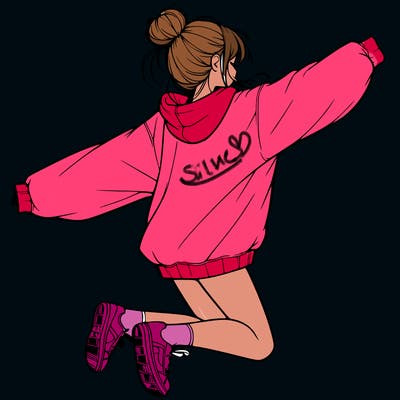 realistic girl jumping with a bun and oversized sweatshirt