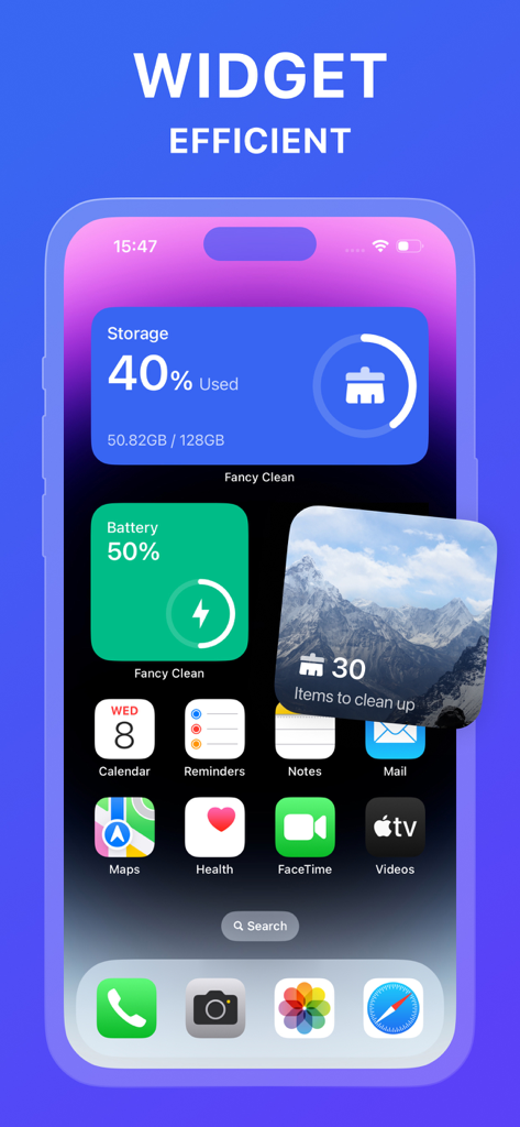 Ora Cleaner storage and battery widgets on an iPhone home screen