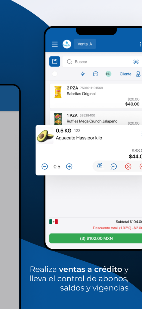SICAR X Point of Sale - Pantalla de ventas móvil de la aplicación SICAR X Punto de Venta que muestra artículos en un carrito de compras.