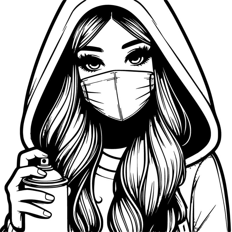 girl wearing a mask with long hair with her hood up spray-painting realistic