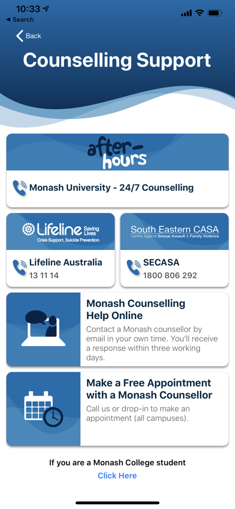 Monash bSafe - Pantalla de apoyo de asesoramiento en la aplicación Monash bSafe que proporciona información de contacto para servicios universitarios y de crisis