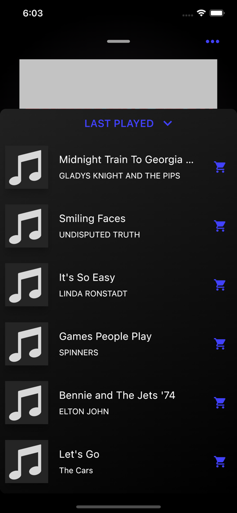 A screen in the Live365 Radio app showing a list of recently played classic rock and soul songs with icons to purchase tracks.
