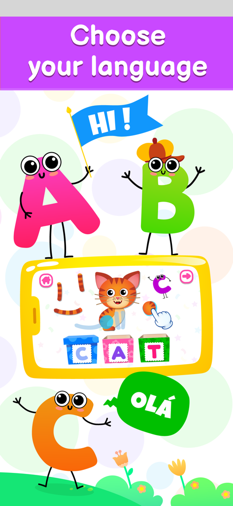 Kids ABC Phonics Tracing Games - Pantalla de una aplicación de aprendizaje preescolar que muestra la selección de idiomas con personajes animados del abecedario y un juego de deletreo con gatos