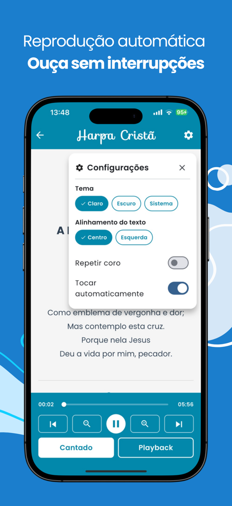 Harpa Cristã: Áudio e Playback - Interface do aplicativo Harpa Crista mostrando configurações de reprodução e tema em um smartphone