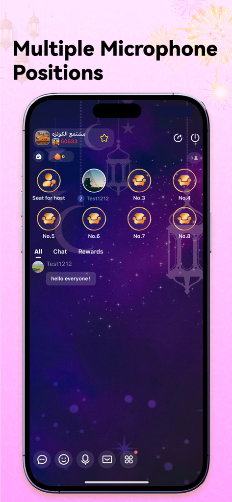 Junko - Voice Chat Room - Interface of the Junko app showing a voice chat room with multiple microphone seats and a community chat area.