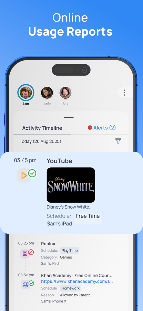 Interfaz de la aplicación Mobicip que muestra una línea de tiempo detallada de actividad en línea con informes de uso de aplicaciones y alertas de contenido bloqueado