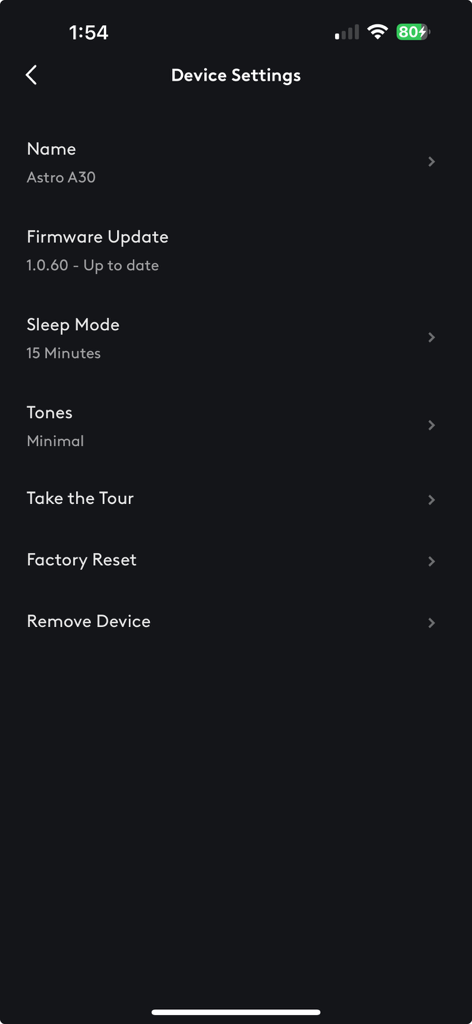 Logitech G - Logitech G app device settings menu for an Astro A30 headset showing firmware status and hardware configuration options