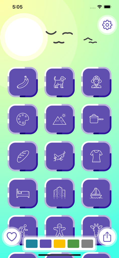 Learn English Playing Big Ben - A grid of purple icons illustrating English vocabulary words like animals objects and professions for children