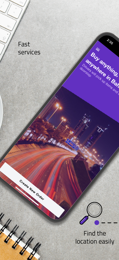 Oreem Delivery - اوريم للتوصيل - Oreem Delivery app interface showing options to create a new order with a night city landscape background.