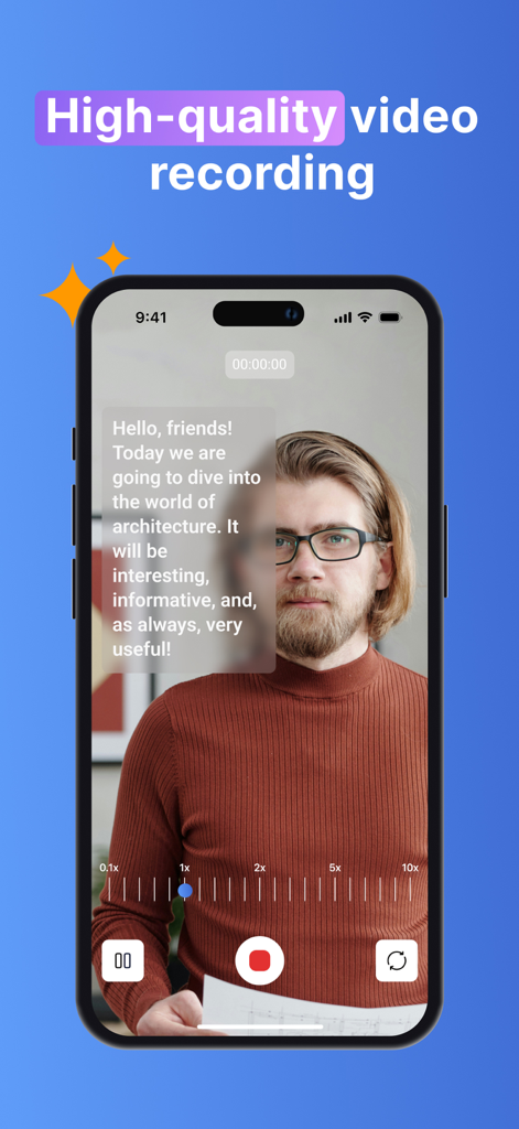 Teleprompter For Video - Pro - A man recording a video on his phone using a teleprompter app with a transparent script overlay