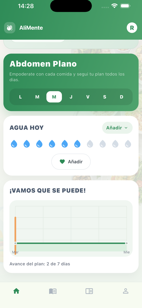 Alimente - Tableau de bord de l'application Alimente affichant le suivi de l'hydratation et les progrès du plan de remise en forme en espagnol.