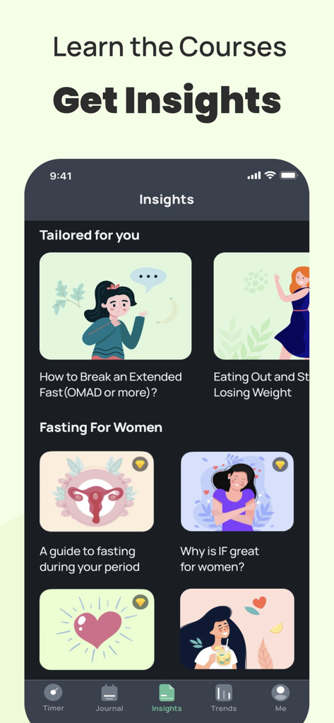 Écran des aperçus de l'application Fastin montrant des cours éducatifs sur le jeûne et des conseils de santé personnalisés pour les femmes