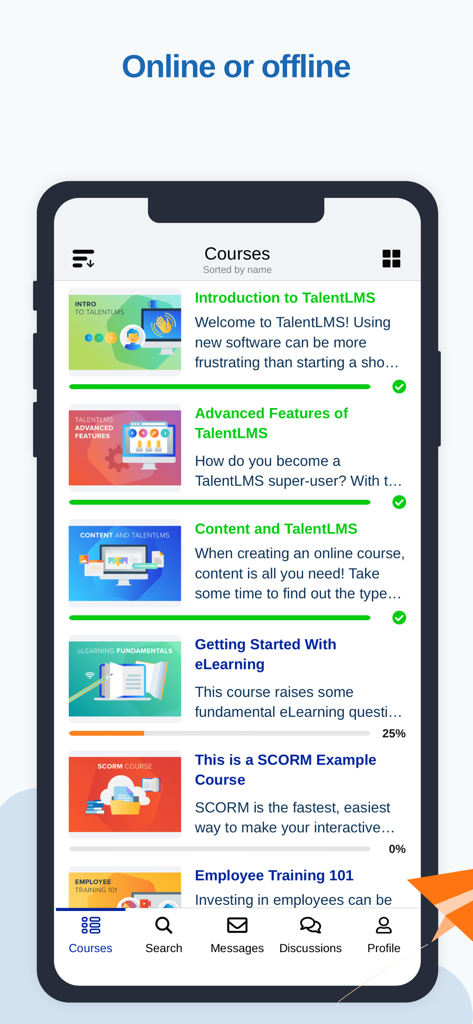 TalentLMS - TalentLMS mobile app interface showing a list of professional training courses with progress tracking