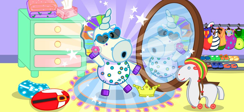 A cartoon hippo wearing a unicorn horn and heart sunglasses looking in a mirror in a dressing room