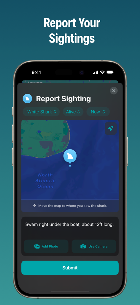 Sharktivity by AWSC - A mobile app screen showing a form to report a shark sighting including a map and description fields