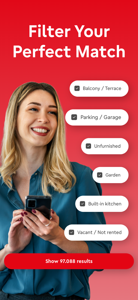 SeLoger – Real Estates France - Woman using the SeLoger app to select property search filters for real estate in France.