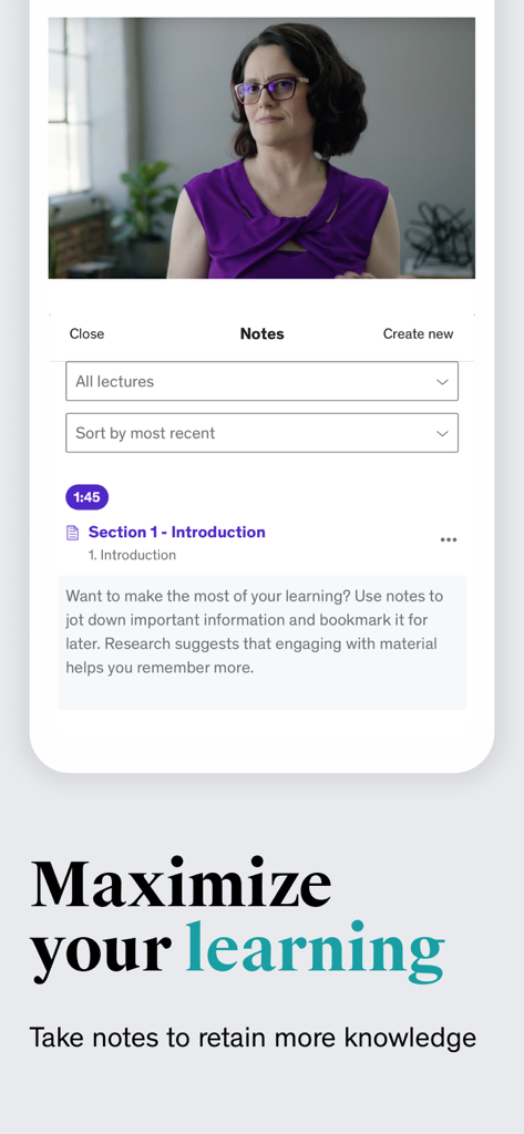 Udemy app interface showing a video lecture and the notes feature for better learning retention