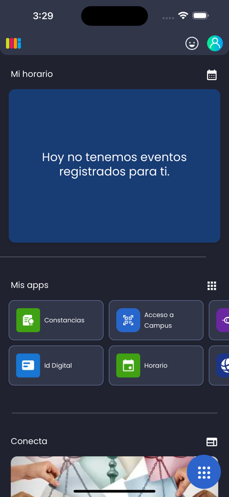 mitec app - Painel do aplicativo mitec para estudantes do Tec de Monterrey mostrando uma seção de horário e botões de acesso rápido para ID digital e acesso ao campus