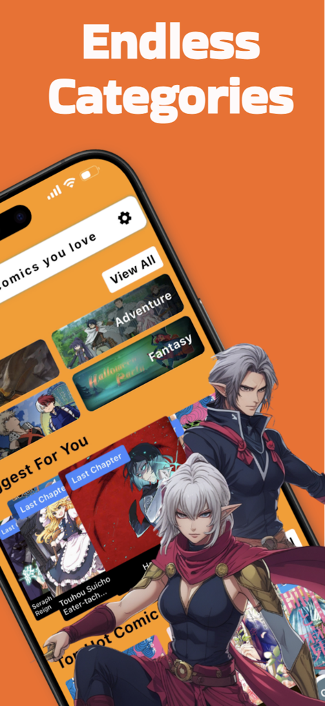 MangaToon - From MangaDex - MangaToon app interface showing various manga categories and character illustrations.