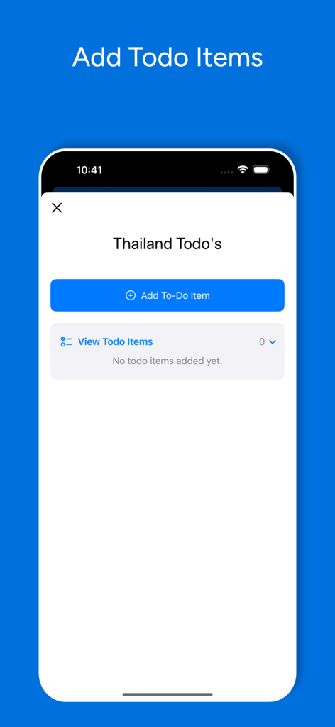 Easy Trip Planner app interface for adding and managing to-do items for a trip to Thailand.