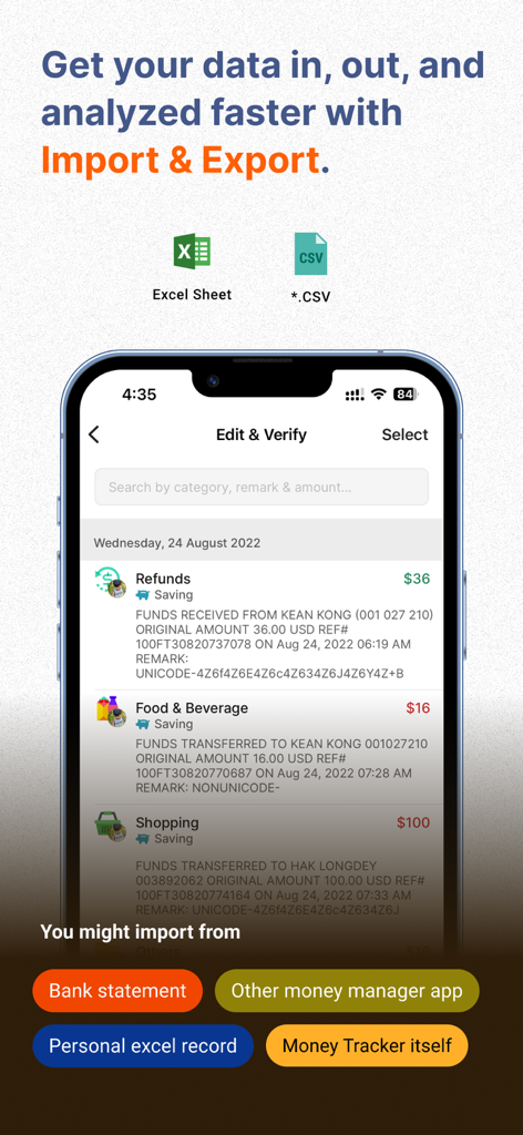 Captura de pantalla de la aplicación Money Tracker que muestra el historial de transacciones y las opciones de importación/exportación de datos para Excel y CSV