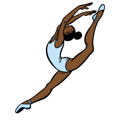 gymnast doing a leap in a leotard with a bent back leg