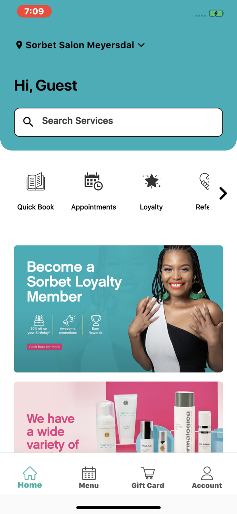 Der Startbildschirm der Sorbet Group Mobile App mit Salon-Service-Suche, Buchungsoptionen und Details zum Treueprogramm.