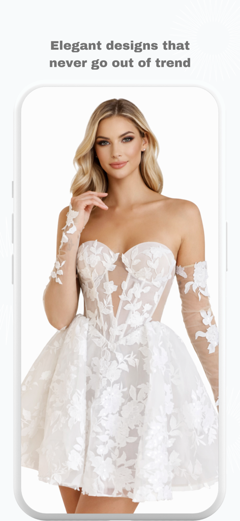 Una mujer luciendo un elegante vestido de fiesta de encaje blanco con mangas transparentes a juego