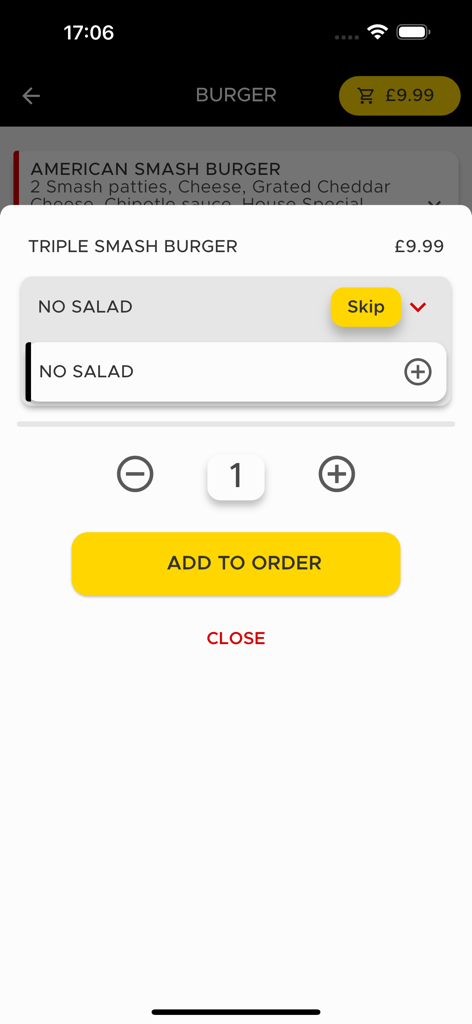 Spice Hut Sunderland - Spice Hut mobile app screen for ordering a Triple Smash Burger