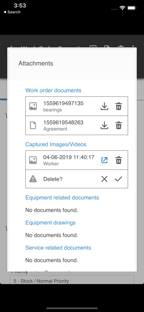 Attachments modal in Infor MFS Cloud showing work order documents and captured images